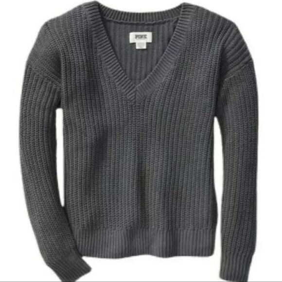 Victoria's Secret PINK Cable Knit V-neck Pullover Cozy Sweater Gray - Picture 1 of 1